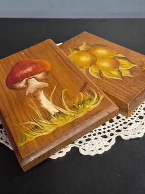 Yanatta Hand-Painted Wood Plaques - Mushroom & Sun Motifs, Warm Brown and Red